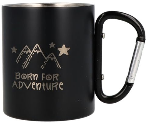 Spruchreif | Edelstahltasse mit Karabinerhaken Henkel mit Gravur Born for adventure in Schwarz Matt | Geschenk für Camper und Wanderer | Geschenke für Bergsteiger