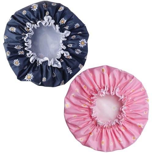 SARG Premium Double Layer Shower Caps, Navy Blue and Pink with Floral Pattern, Elasticated Edge - Reusable Shower Cap for Hair - Waterproof Plastic Cap - For Long, Short and Curly Hairs (Pack of 2)