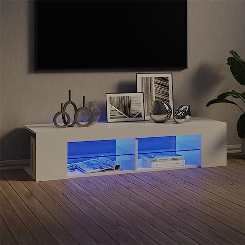 Myheimly TV Schrank mit LED-Leuchten Lowboard Fernsehschrank Fernsehtisch Sideboard HiFi-Schrank TV Möbel Tisch Board 135x39x30cm Hochglanz-Weiß