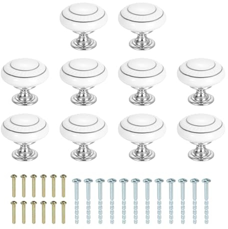 sourcing map Ceramic Knobs 35mm/1.38 with Screws Silver Circle/White 10Pcs | Round Drawer Pull Handle,Vintage Drawer Knobs,for Vanity Bedroom Furniture Closet