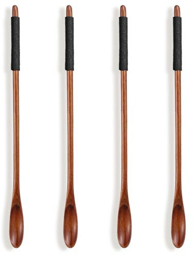 ZEYIYER 4 Pcs Small Wooden Tea Spoons, Wooden Coffee Spoon with Anti-Slip Cover, Mini Nanmu Mixing Stirring Spoons with Long Handle for Coffee Tea Matcha Honey Jam Dessert