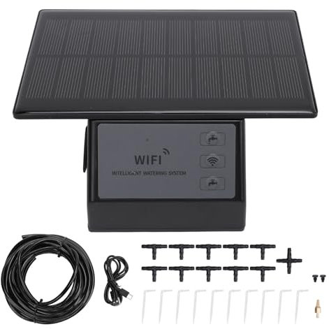 A solar automatic drip irrigation kit with WiFi APP control and timing function, equipped with a 2000mAh battery. It is a labor-saving self-watering system for plants and flowers.