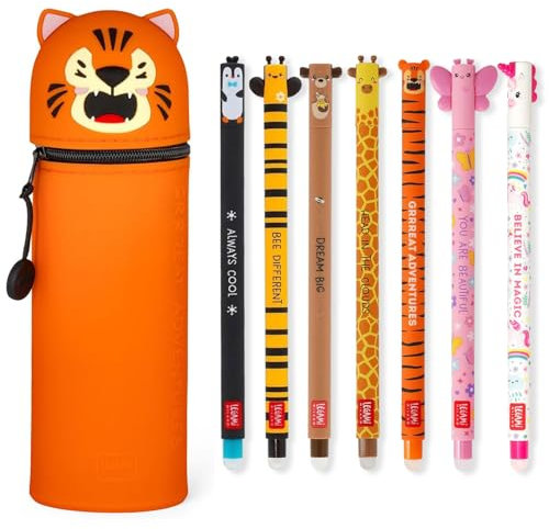 LEGAMI - Set of 7 Erasable Gel Pens + 2-in-1 Pencil Case Pen Pot - with Thermosensitive Erase Ink, Ink colours & barrel designs, 0.7mm Tip, Set 2 (Tiger)