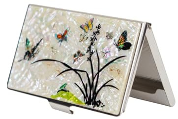 February Mountain Perlmutt-Visitenkartenetui – Korea Geschenk, schlankes Metall-Etui für Kreditkarten & Visitenkarten, RFID-Schutz (Orchid and Butterfly)