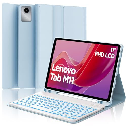 SENGBIRCH Custodia Tastiera Lenovo Tab M11 11 2024, Italiano QWERTY, 7 Colori di Retroilluminazione Rimovibile Bluetooth Magnetica Staccabile Tastiera per Lenovo Tab M11 2024, Azzurro
