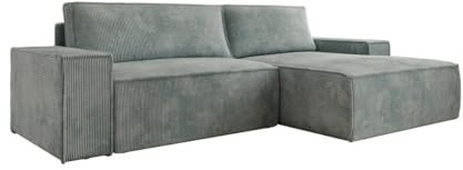 Luxusbetten24 Designer Sofa Corino in Cord mit Stauraum und Schlaffunktion | Bezug: Cord | Farbe: Vintage Blau | Stellvariante: Rechts