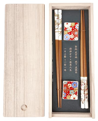 BAIFULAI Set di bacchette per sushi, 2 paia di bacchette in legno con sottobicchieri in ceramica a fiori di ciliegio, scatola in legno premium, bacchette sostenibili giapponese cinese coreano