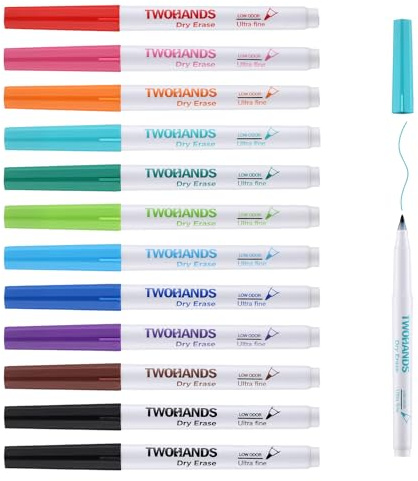 TWOHANDS Rotuladores Pizarra Blanca 12 pcs,Marcadores de Borrado en Seco, Punta Ultra Fina de 0.7mm, Bajo Olor, 11 Colores surtidos,20581