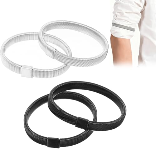 4Pcs Sleeve Garters Women Arm Garters Arm Bands Shirt Sleeves Adjustable | Mens Elasticated Armbands Sleeve Straps Adjustable Stretchy Long Coat Sleeves Holder, Anti-Slip, Black Silver