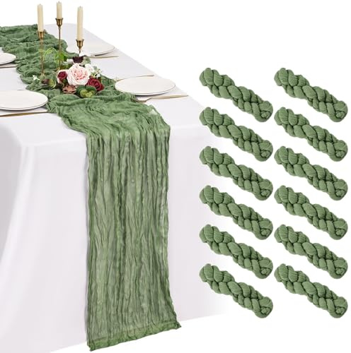 Showgeous Lot de 12 Chemins de Table Vert Sauge 55x300cm Mode Chemin de Table Bohèmes en Gaze,Boho en Tissu Froissé Mousseline Gaze de Coton Rustique pour Mariage,Fête Prénatale Décorations de Table