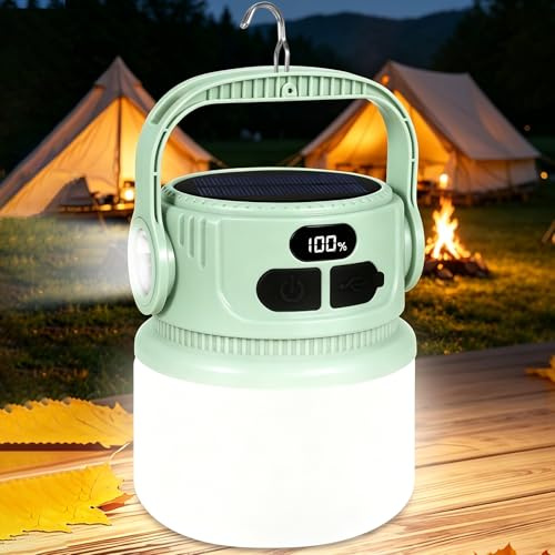 YGVQN Lampada LED Campeggio Solare Ricaricabile, 2400mAh Lanterna Super Luminoosa con Gancio, 6 Modalità Dimmerabili, Torcia d'Emergenza per Blackout, IPX5 Impermeabile per Outdoor Escursioni