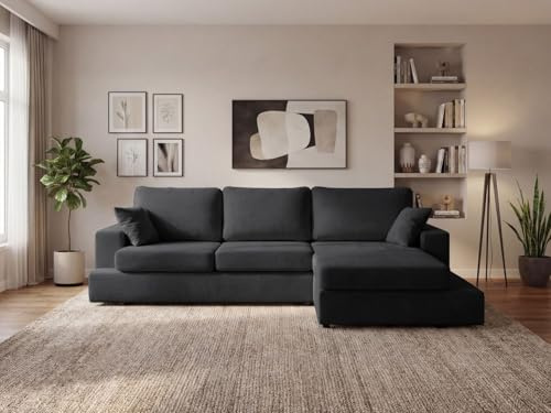 GRAINGOLD Nesto Ecksofa 260x165 cm, L-Form Sofa, Ecksofa für Wohnzimmer, Chenille-Stoff, 3-Sitzer Eckcouch, Modernes Design (Schwarz, Rechts)