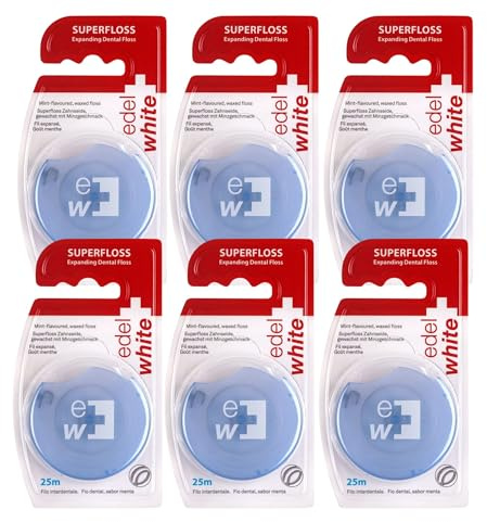 edel+white Expanding Superfloss 25m Zahnseide mit Wachsbeschichtung & Minzgeschmack – 6er Pack