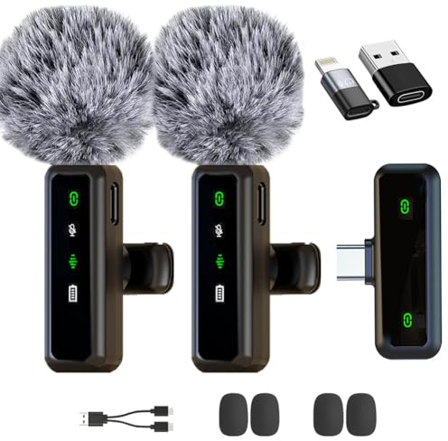 2 Pack Wireless Lavalier Microphone with Magnetic Clip Wireless Microphone with Noise Cancellation Mini Microphone for Android/iPhone Video Recording
