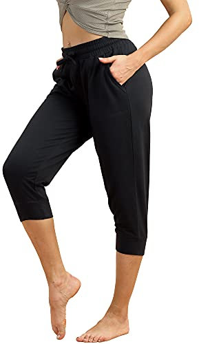 icyzone Damen Jogginghose 3/4 Sporthose Laufhose Sommer Freizeithose Sweathose Casual Capri Hose (XL, Black)