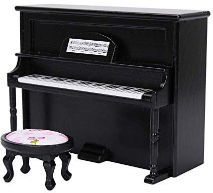 Zerodis Puppenhaus Mini Upright Klavier Spielzeug Mini Upright Klavier Modell Spielzeug mit Hocker Simulation Möbel Dekoration für 1/12 Puppenhaus Zubehör(Schwarz)