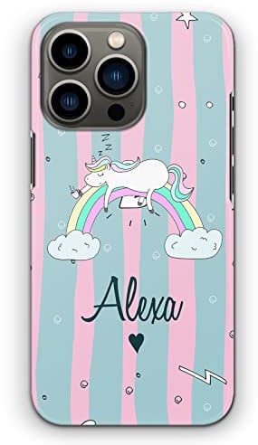 Personalised Initials Phone Case For Apple iPhones, 16, 15, 14,13, 12, 11, Pro Max, Mini, XR, SE Heart Name and Unicorn Rainbow on Pink and Blue Stripe Print Hard Phone Cover, Unicorn Case