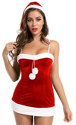 CHICTRY Damen Weihnachten Kostüm Tube Partykleid Trägerlos Weiß Saum Bandeau Kleid mit/ohne Weihnachtsmütze Sexy Miss Santa Cosplay Minikleid Kurz Eng Rot L