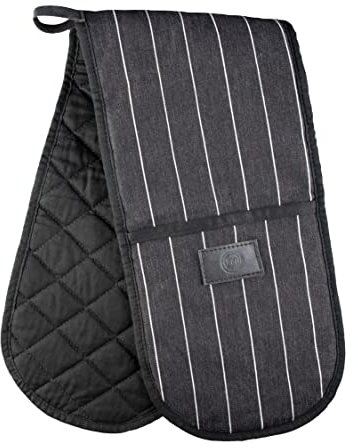 MasterChef Oven Gloves Heat Resistant, Double Oven Gloves Made from Cotton with Vegan PU Leather Logo & Hanging Loop, Attached Oven Mitts, Machine Washable, Heat Proof Pot Holders for the Kitchen