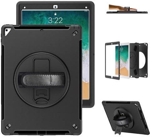 Case for iPad Pro 12.9 2017/2015: Compatible with iPad Pro 1st/2nd Generation Heavy Duty Shockproof Rugged Case for iPad Pro 12.9 Inch with Pencil Hoder - 360° Rotating Stand - Handle/Strap (Black)