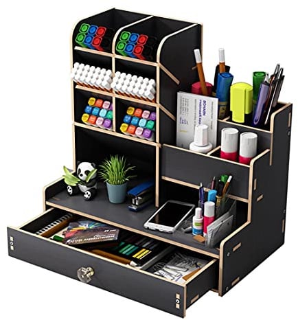 Vikmyer Holz Bleistifthalter, Schreibtisch Organizer Multifunktions Desktop Schreibwaren Stifthalter Box für Home Office Schulbedarf Lagerregal mit Schublade
