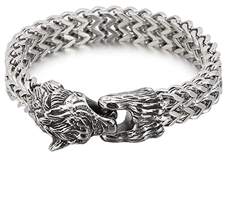 DFWY Wolfsarmband for Männer,Edelstahl-Mesh-Kette Wikinger-Wolf-Armband,Nordic Odin Celtic Wolf Cuff Armreif Armband Schmuck Geschenk Vatertagszubehör (Size : 22CM)