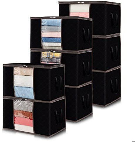 Lifewit 8 Pack Clothes Storage Bags, Foldable Storage Box Moving Bags Wardrobe Storage Organiser Packing Boxes for Moving House with Clear Window for Clothing Bedding Blankets, Black
