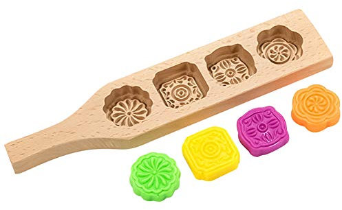 Chinese Traditional Mooncake Mould Wooden Pastry Mold Cookie Stamp Delicate Flower Shape Mold Chic Cake Mold with 4 Patterns for Baking DIY Cookie Biscuit Dim Sum