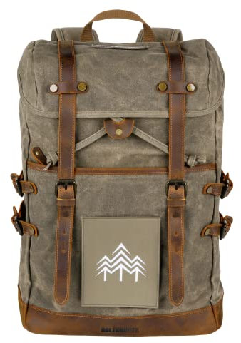 HOLZBRÜDER® Rucksack mit wechselbarem Patch, Canvas Lederrucksack mit Laptopfach, Reise Handgepäck für Flugzeug geeignet (Olivgrau)