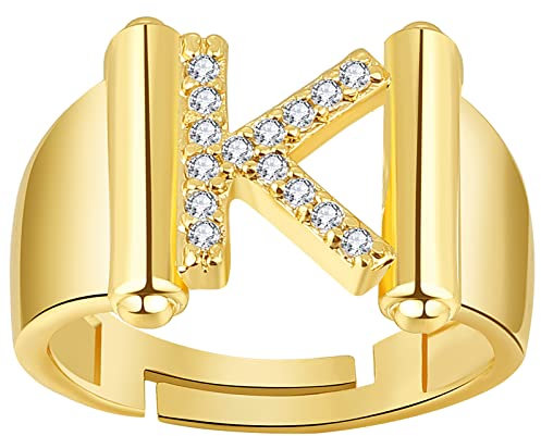 JewelryWe Schmuck Damen-Ring Buchstabe Ring Verstellbare Initiale Alphabet K Band Ringe mit Zirkonia Gravur Geschenk für Frauen Mädchen Gold
