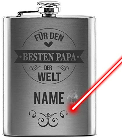 Flachmann mit Gravur aus Edelstahl selbst gestalten - mit Name gravieren - Geschenkidee für den besten Papa - Praktische Taschengröße | Silber, 225 ml, Lasergravur
