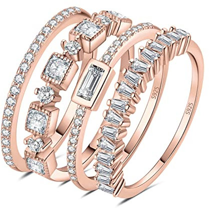 JewelryPalace Vintage Prinzessschliff Zirkonia Band Ring Damen, Hochzeitsringe Silber 925 Trauringe Eheringe für Frauen, Vorsteckring Stapelring Eternity Ring Schmal, Ringe Set Schmuck Rosegold 49