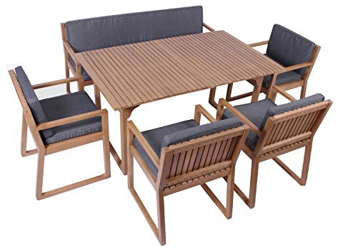 vanvilla Gartenmöbel Set Holz Sitzgruppe Gartenmöbelset Garnitur Terrasse Möbel Sitzgarnitur 1 Tisch 1 Bank (3-Sitzer) 4 Sessel Auflage DUNKELGRAU