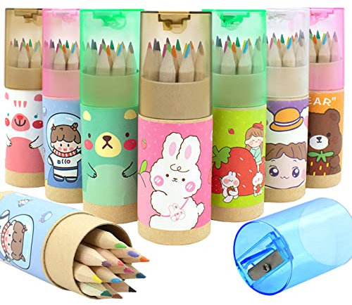 CIOUYAOS 8 Pack*12 Colours Cartoon Coloured Pencils, Cute Mini Portable Pre-sharpened Pencils with Sharpener, Colouring Pencils for Adults Children Drawing Sketching and School Classroom Gift Supplies