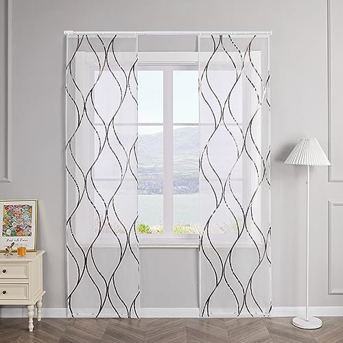 SCHOAL Schiebegardinen mit Klettband Transparente Schiebevorhang 2er Set Voile Gardinenschal Fensterschal mit glänzenden Wellen Muster BxH 57x225cm Braun