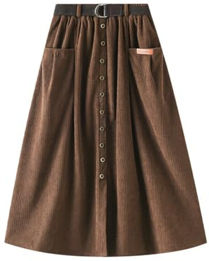 Jemsia Jupe en velours côtelé élastique taille haute boutonnée sur le devant avec ceinture trapèze mi-longue pour l'automne et l'hiver avec poches, chocolat, Taille unique