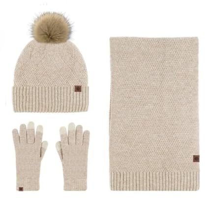 EXQUILEG Damen Beanie Mütze Mit Schal und Handschuhe Unisex Weiche Warme Strickmütze Winterset für 3-Teilig Unisex Zopfmuster Strickmütze Winter Kombi Geschenkse (Beige)