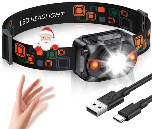 Rolgno Torcia Frontale LED Ricaricabile, [Ultra Luminosa] Lampada Frontale con Sensore di Movimento, 6 Modalità di Illuminazione & Impermeabile IPX4, 15H Autonomia per Corsa Notturna, Campeggio, Pesca