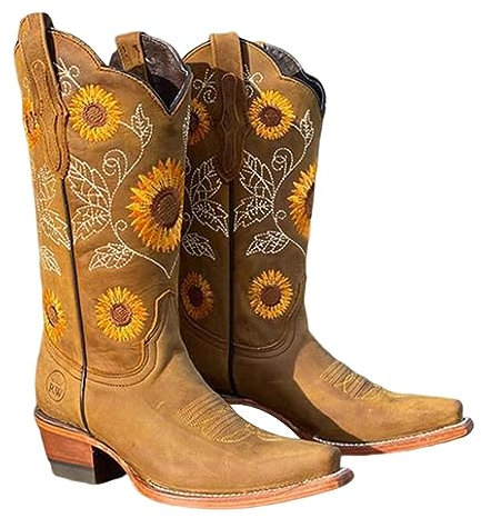 Itrimaka Stivali da Cowboy da Donna Vintage Ricamati Floreali, Cavaliere Con Tacco Blocco, Comodi Alti da Passeggio per l'Equitazione