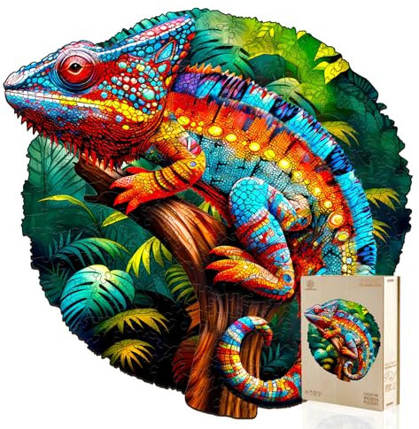 Jigfoxy Wooden Jigsaw Puzzles for Adults, Chameleon Wooden Puzzles 300pcs, Unique Animal Shape Wood Puzzle, Birthday Gifts for Family Friend with wooden box(16.5 * 13.2in)