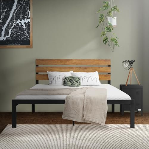 ML-Design Metallbett 140x200 cm mit Lattenrost, Bettgestell mit Holz-Kopfteil, Schwarz-Braun, Stahl, Rustikal, Bettrahmen, Bett für Schlafzimmer/Gästezimmer, Einzelbett Doppelbett Gästebett Jugendbett