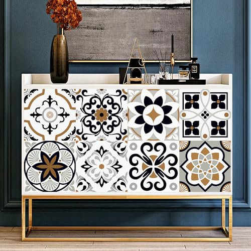 Fiore nero MarroneMarmo Bianco Beige Pavimento PVC Adesivo Piastrelle Adesive Bagno Impermeabile Adesivi Murali Mattonelle Adesive Cucina Piastrelle Adesive Pavimento 10x10cm/10 Pcs