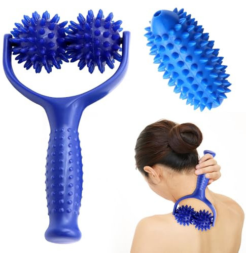 Riisoyu Massageroller Mit Griff, Massagebälle Massage Roller mit 3 Igelball Massageball Massagegerät Fascia Ball Auswechselbare Massagerollen für Beine RüCken Arme Schultern Muskelschmerzen, Blau