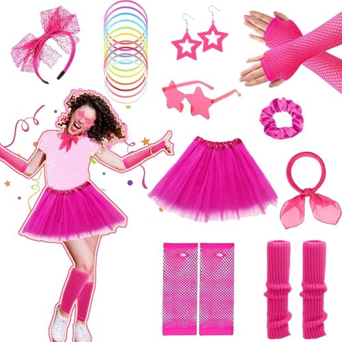 80s Fancy Dress for Women 1980s Party Costume Accessories Set Pink Tutu Adult Leg Warmers Neon Bracelets Sunglasses Earrings Fishnet Gloves Scarves