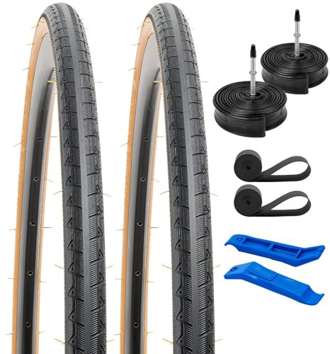YunSCM 2er-Pack 28 Zoll Fahrradreifen 28x1.10 700x28C ETRTO 28-622 und 700C Schlauch FV60mm Presta Valve, kompatibel Bike 700x25C 700x28C 700x30C Fahrrad 28 Zoll Reifen schlauche |Braun-schwarz