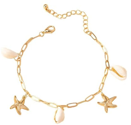 QKEPCY Bracelets de Cheville en Coquillages pour Femme Filles Boho Bijoux de Pied avec Pendentif Étoile de Mer Or Accessoires de Plage d'Été Cadeaux