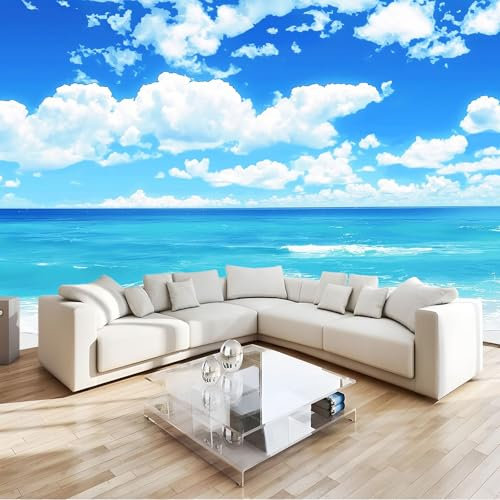 Papier Peint 3D Nature Vue Mer Ciel Bleu Et Plage Panoramique Peinture Murale Interieur 250x175 cm pour Salon Chambre à Coucher D'Enfant Maison Décoration Murale