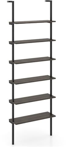 COSTWAY 6-Tier Ladder Shelf, Industrial Wall Bookcase Shelving Unit Display Rack, Metal Frame Wooden Wall Mounted Bookshelf Tall Storage Shelves for Living Room Bedroom Office, 183cm (Grey Oak)