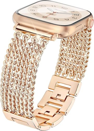 Kompatibel mit Apple Watch Armband 42mm(Series 3/2/1) 44mm 45mm 46mm 49mm, Doppelketten Herren Damen Metall Armband iWatch für Apple Watch Ultra 2 1 SE 11 10 9 8 7 6 5 4 3, Schmuck für Fraue, RoséGold