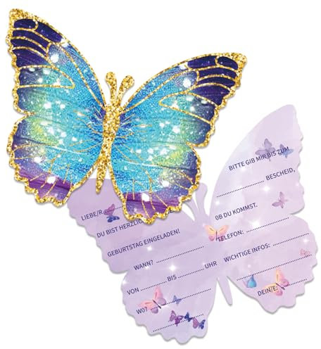 Werfunee - 12 Stück Einladungskarten Kindergeburtstag Mädchen - 14 x 11 cm Schmetterlingen Einladungskarten Geburtstag - Einladung Kindergeburtstag Mädchen - Geburtstagseinladungen Mädchen